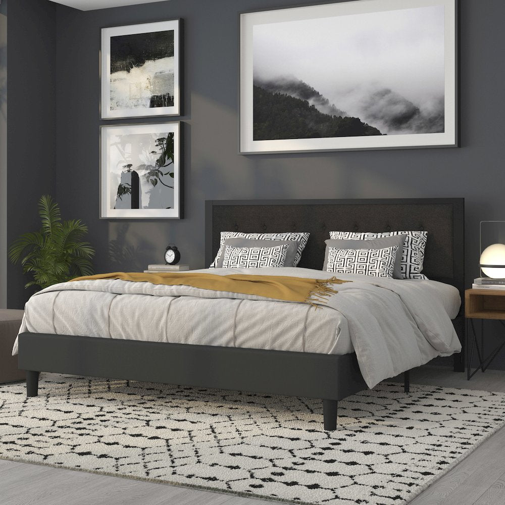 Metal Tufted Upholstered King Size Headboard in Black Fabric