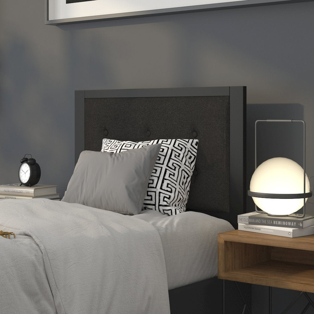 Metal Tufted Upholstered Twin Size Headboard in Black Fabric
