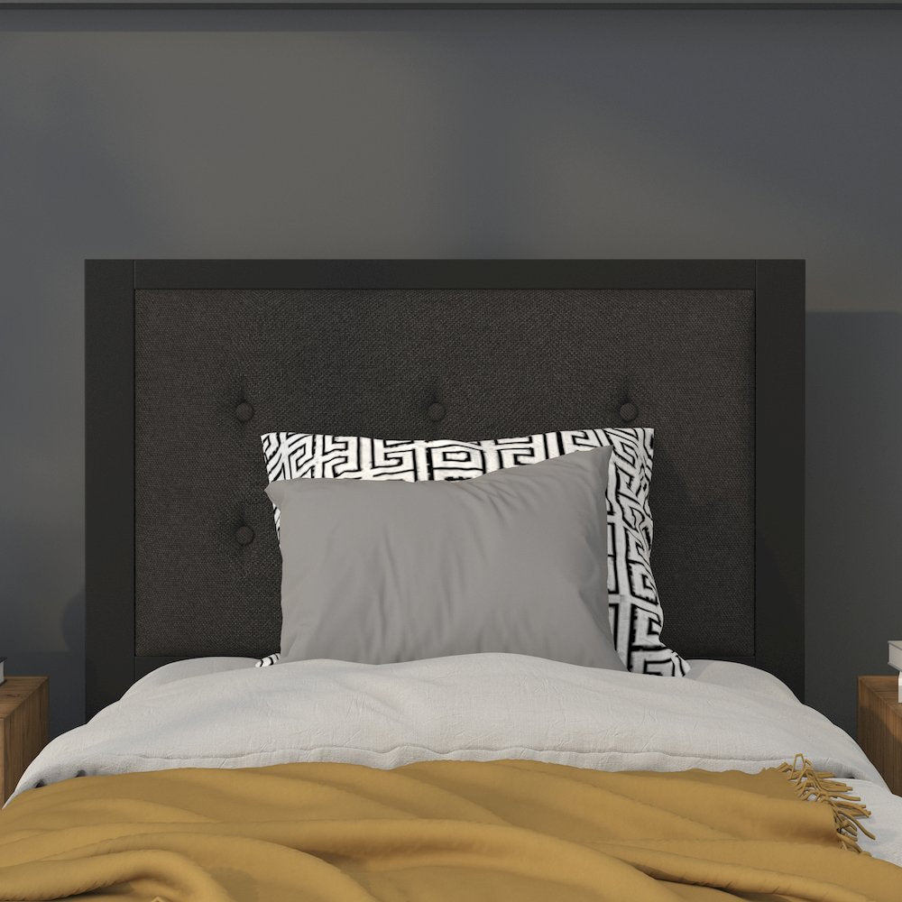 Metal Tufted Upholstered Twin Size Headboard in Black Fabric