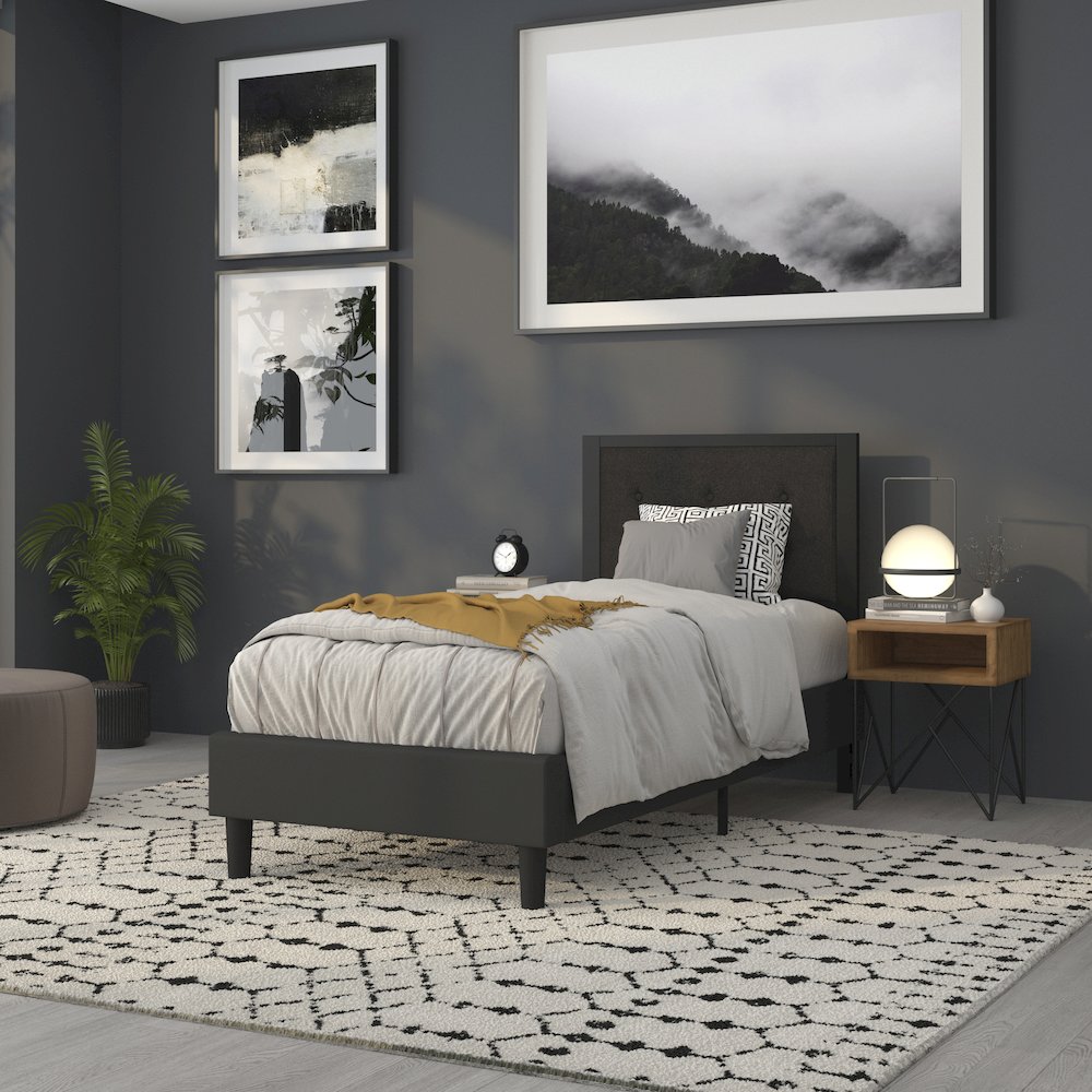 Metal Tufted Upholstered Twin Size Headboard in Black Fabric