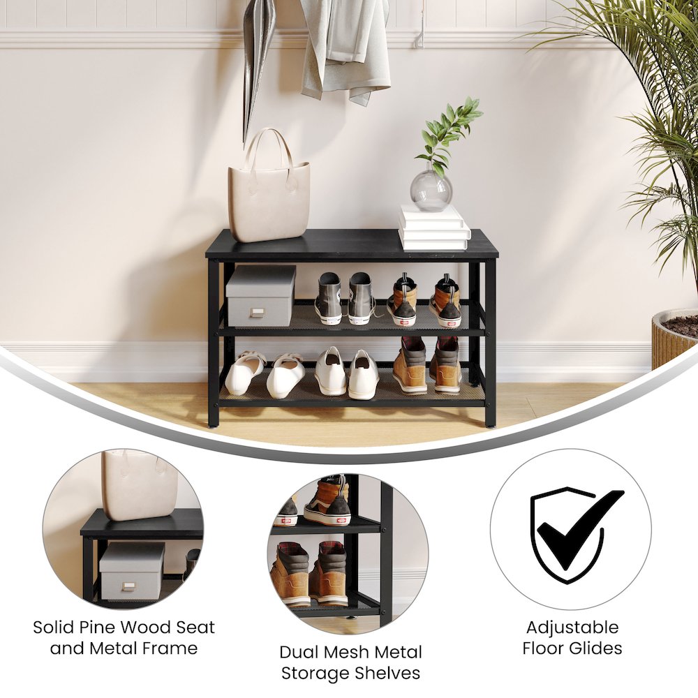 Rustic 3-Tier Entryway Bench, Black Wash