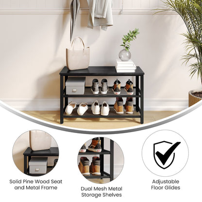 Rustic 3-Tier Entryway Bench, Black Wash