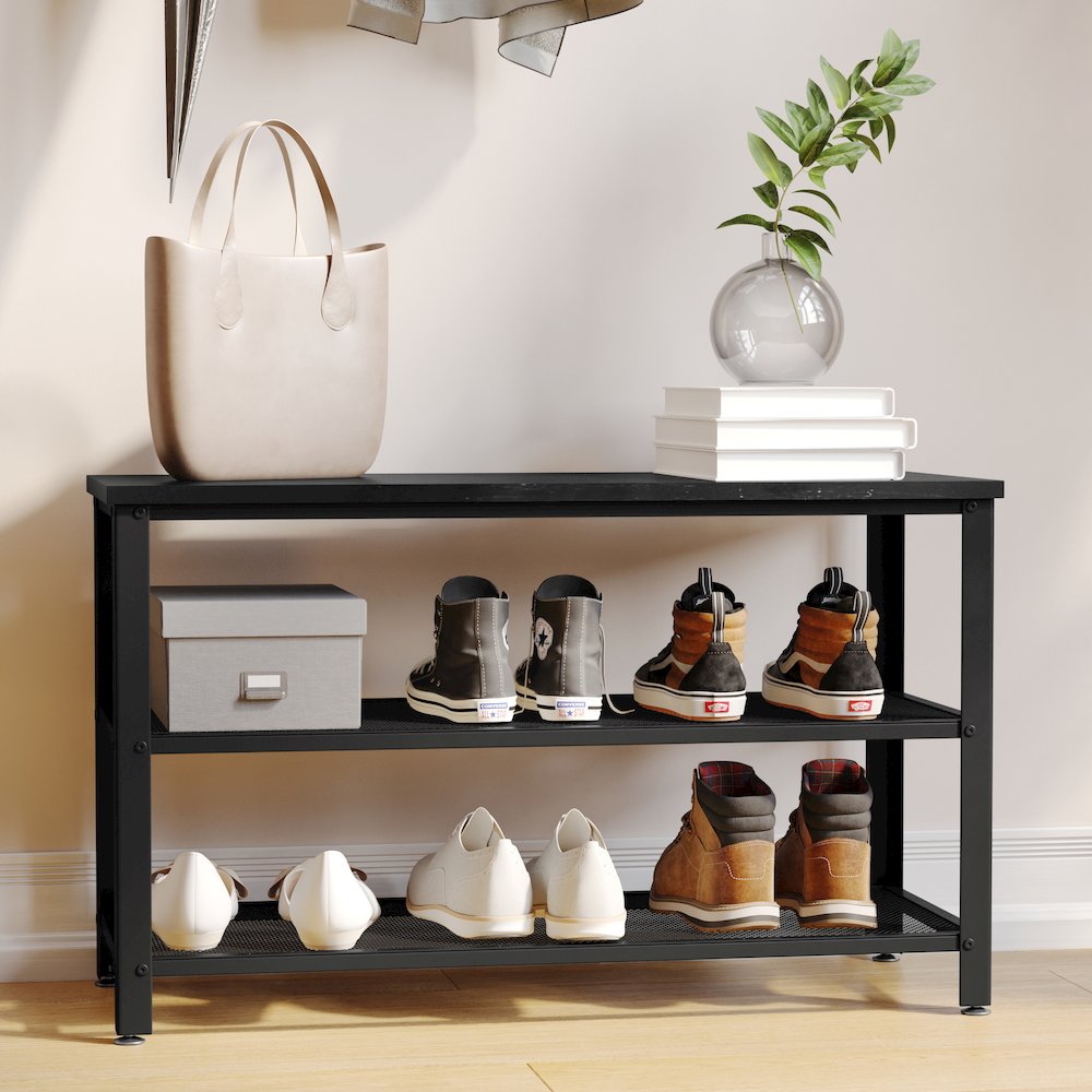 Rustic 3-Tier Entryway Bench, Black Wash