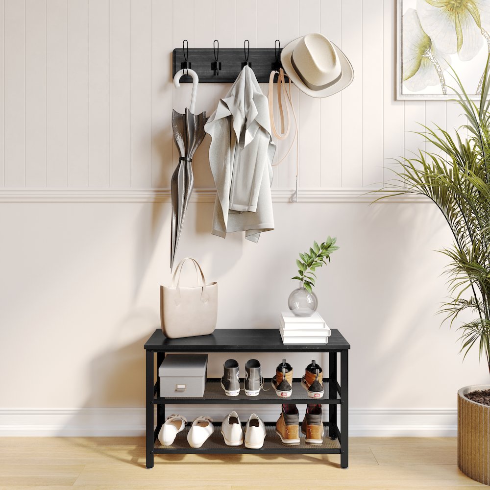Rustic 3-Tier Entryway Bench, Black Wash