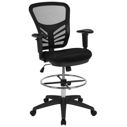 Mid-Back Black Mesh Drafting Chair with Chrome Foot Ring, Arms and Black Frame