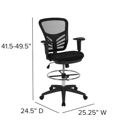 Mid-Back Black Mesh Drafting Chair with Chrome Foot Ring, Arms and Black Frame
