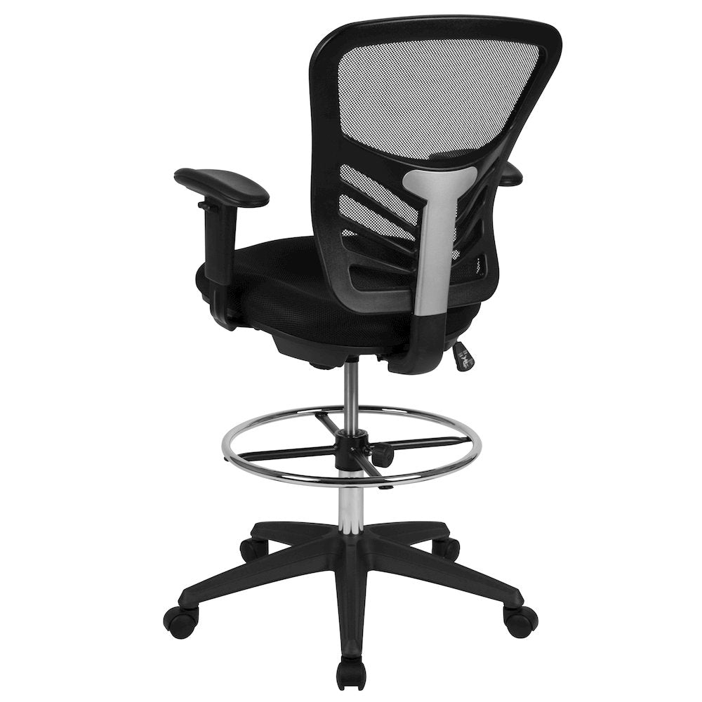 Mid-Back Black Mesh Drafting Chair with Chrome Foot Ring, Arms and Black Frame