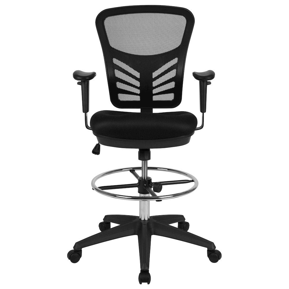 Mid-Back Black Mesh Drafting Chair with Chrome Foot Ring, Arms and Black Frame