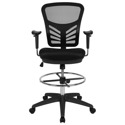 Mid-Back Black Mesh Drafting Chair with Chrome Foot Ring, Arms and Black Frame