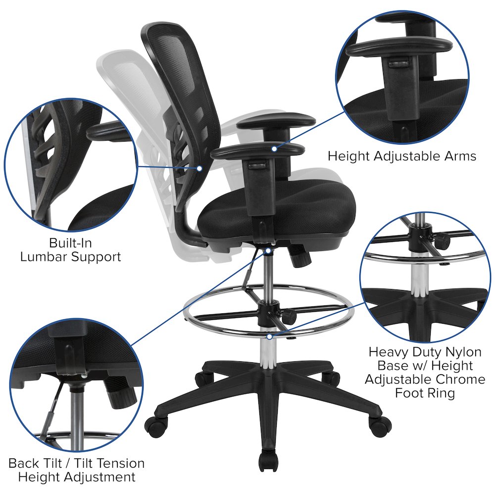 Mid-Back Black Mesh Drafting Chair with Chrome Foot Ring, Arms and Black Frame