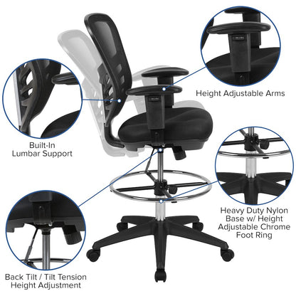 Mid-Back Black Mesh Drafting Chair with Chrome Foot Ring, Arms and Black Frame