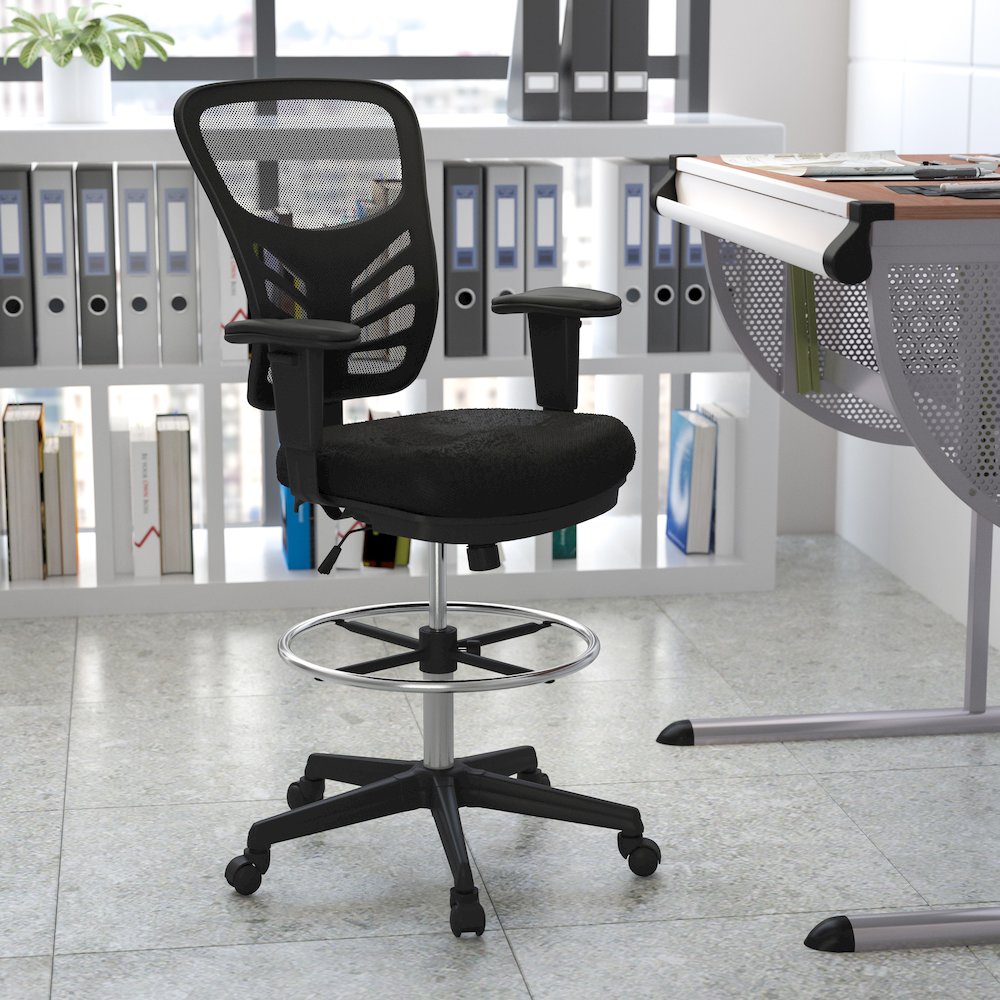 Mid-Back Black Mesh Drafting Chair with Chrome Foot Ring, Arms and Black Frame