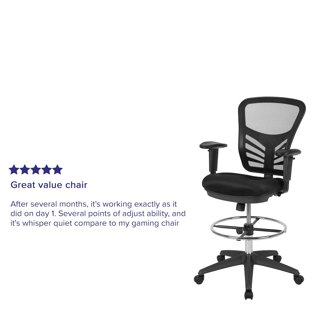 Mid-Back Black Mesh Drafting Chair with Chrome Foot Ring, Arms and Black Frame