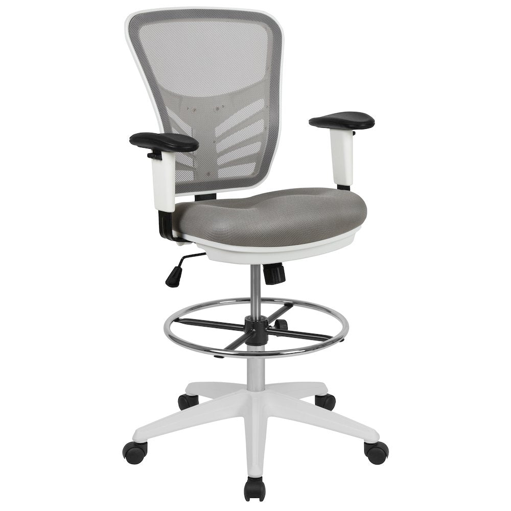 Mid-Back Light Gray Mesh Drafting Chair and White Frame