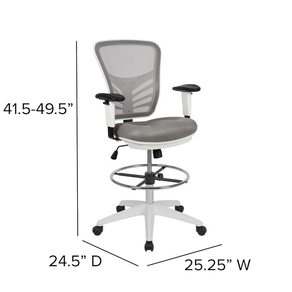 Mid-Back Light Gray Mesh Drafting Chair and White Frame