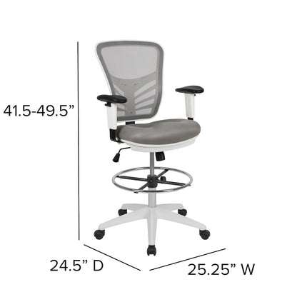 Mid-Back Light Gray Mesh Drafting Chair and White Frame