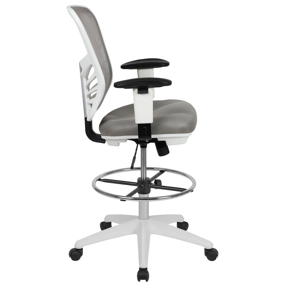 Mid-Back Light Gray Mesh Drafting Chair and White Frame