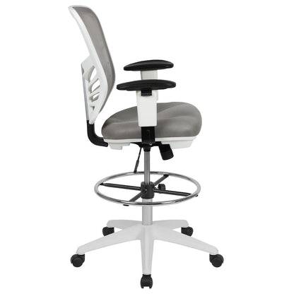 Mid-Back Light Gray Mesh Drafting Chair and White Frame