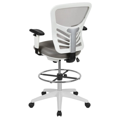 Mid-Back Light Gray Mesh Drafting Chair and White Frame