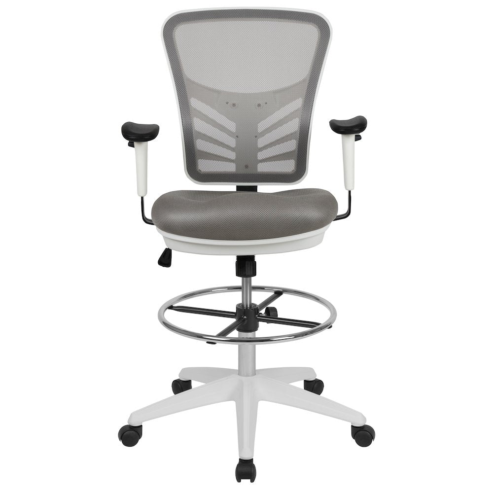 Mid-Back Light Gray Mesh Drafting Chair and White Frame