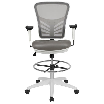 Mid-Back Light Gray Mesh Drafting Chair and White Frame