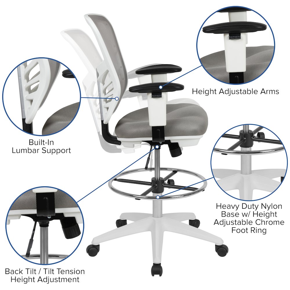 Mid-Back Light Gray Mesh Drafting Chair and White Frame
