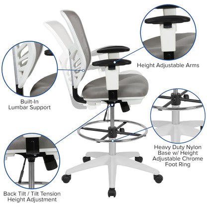 Mid-Back Light Gray Mesh Drafting Chair and White Frame