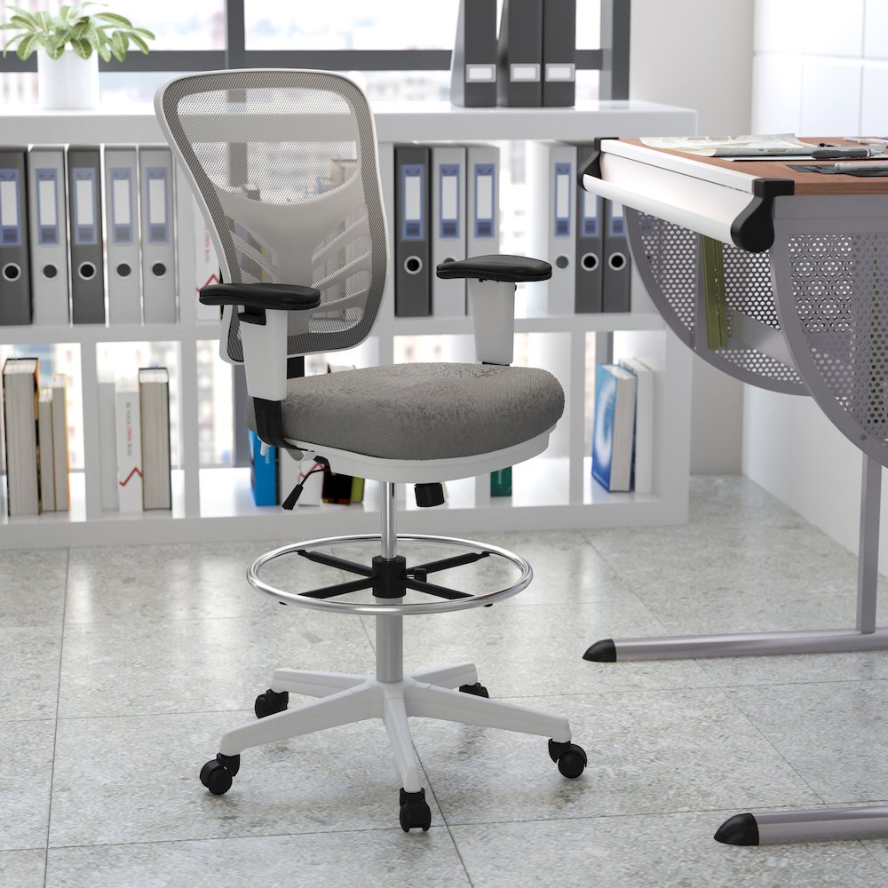 Mid-Back Light Gray Mesh Drafting Chair and White Frame