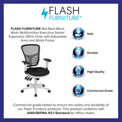 Mid-Back Black Mesh Multifunction Executive Swivel Office Chair and White Frame