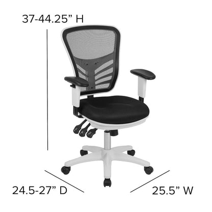 Mid-Back Black Mesh Multifunction Executive Swivel Ergonomic Office Chair with Adjustable Arms and White Frame