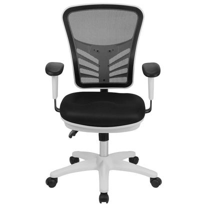 Mid-Back Black Mesh Multifunction Executive Swivel Office Chair and White Frame