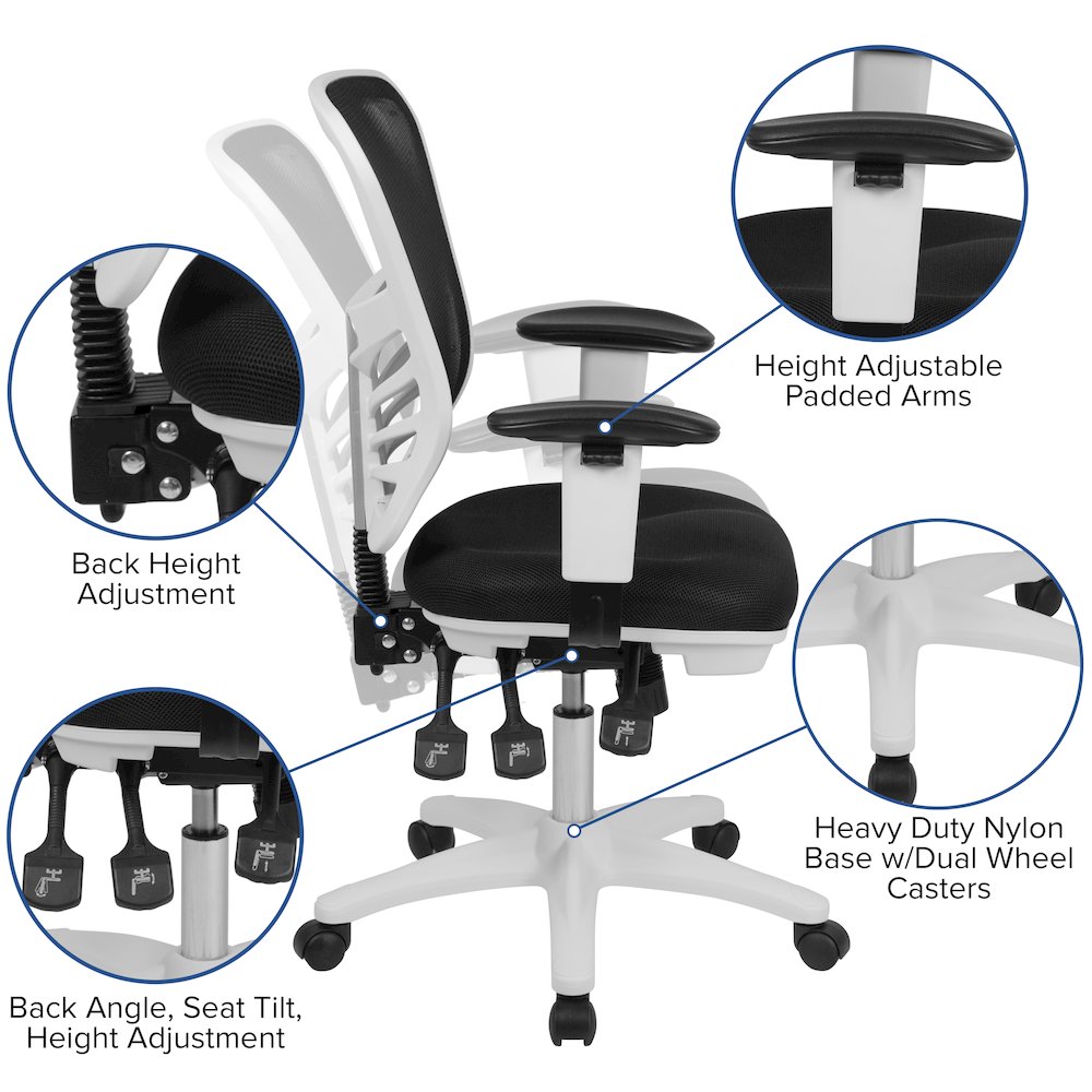 Mid-Back Black Mesh Multifunction Executive Swivel Office Chair and White Frame