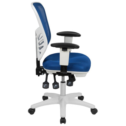 Mid-Back Blue Mesh Multifunction Executive Swivel Office Chair and White Frame