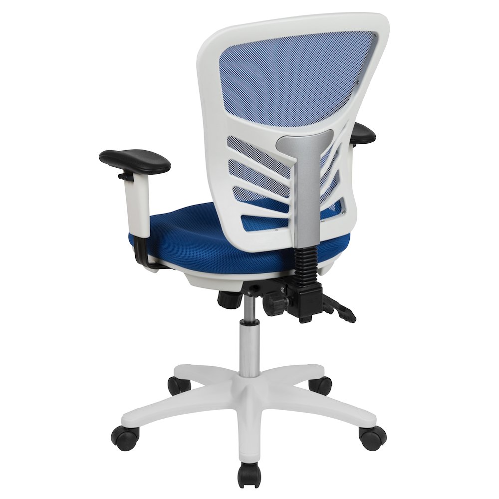 Mid-Back Blue Mesh Multifunction Executive Swivel Office Chair and White Frame