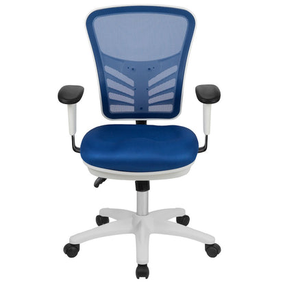 Mid-Back Blue Mesh Multifunction Executive Swivel Office Chair and White Frame