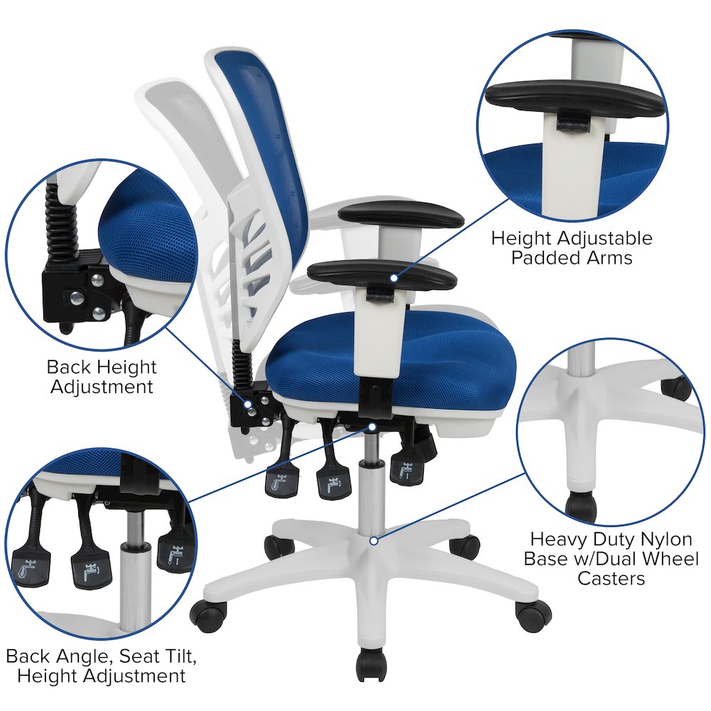 Mid-Back Blue Mesh Multifunction Executive Swivel Office Chair and White Frame