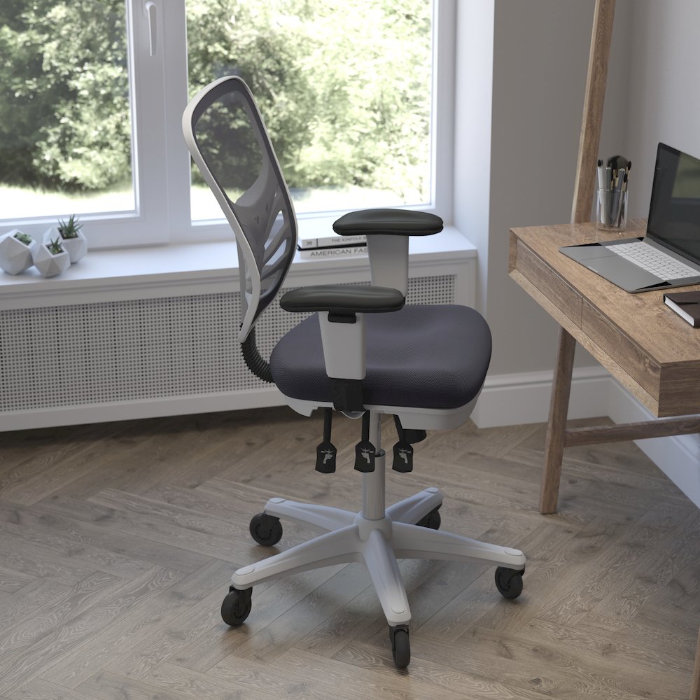 Mid-Back Dark Gray Mesh Multifunction Executive Chair and White Frame