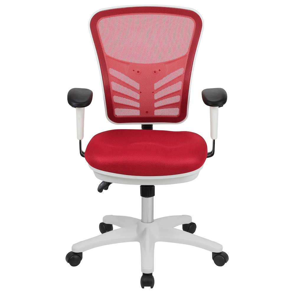 Mid-Back Red Mesh Multifunction Executive Swivel Ergonomic Office Chair with Adjustable Arms and White Frame