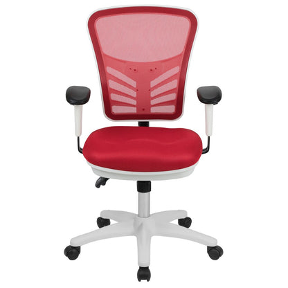 Mid-Back Red Mesh Multifunction Executive Swivel Ergonomic Office Chair with Adjustable Arms and White Frame
