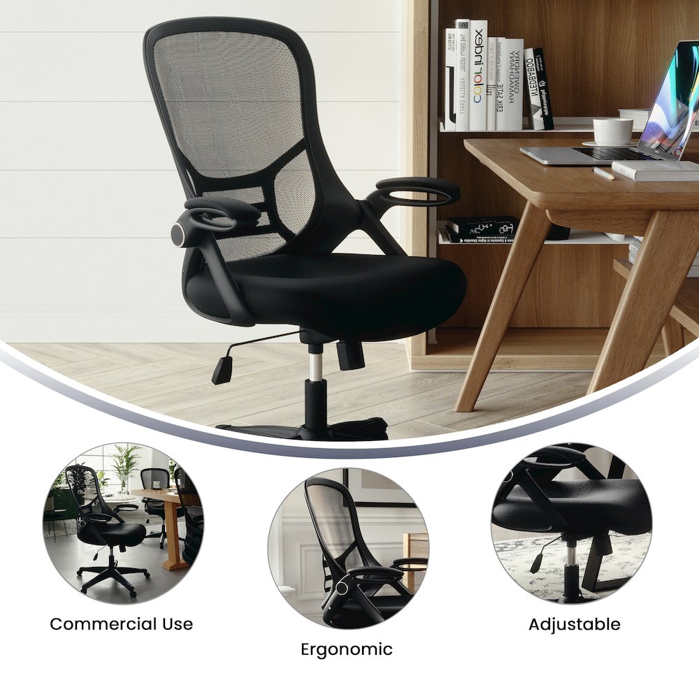 High Back Black Mesh Swivel Office Chair with Black Frame and Flip-up Arms
