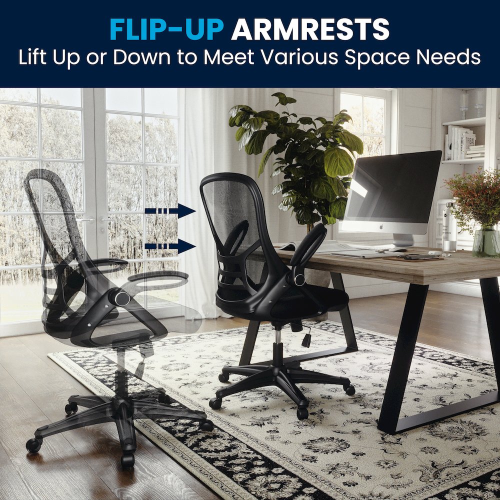 High Back Black Mesh Swivel Office Chair with Black Frame and Flip-up Arms
