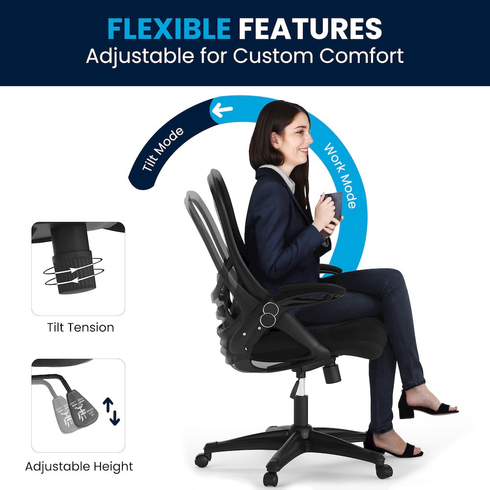 High Back Black Mesh Swivel Office Chair with Black Frame and Flip-up Arms