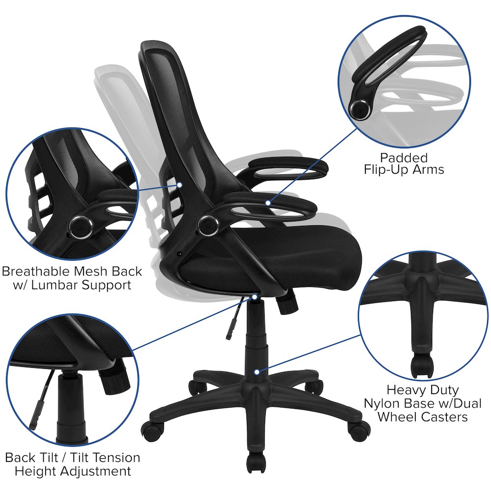 High Back Black Mesh Swivel Office Chair with Black Frame and Flip-up Arms
