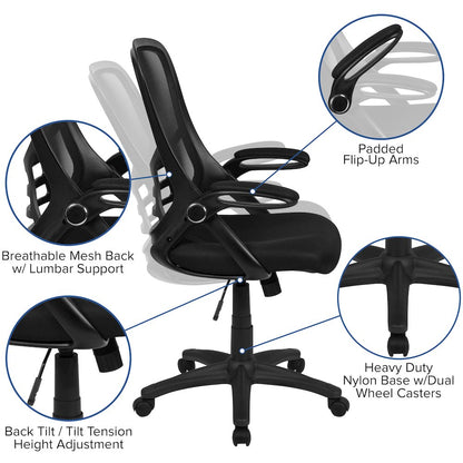 High Back Black Mesh Swivel Office Chair with Black Frame and Flip-up Arms