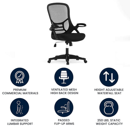 High Back Black Mesh Swivel Office Chair with Black Frame and Flip-up Arms