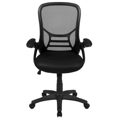 High Back Black Mesh Swivel Office Chair with Black Frame and Flip-up Arms