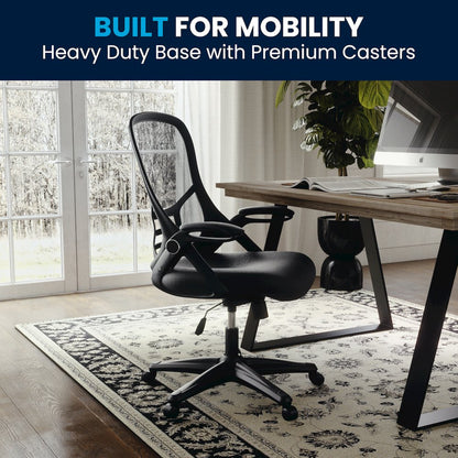 High Back Black Mesh Swivel Office Chair with Black Frame and Flip-up Arms