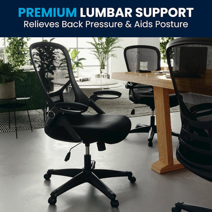 High Back Black Mesh Swivel Office Chair with Black Frame and Flip-up Arms