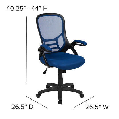 High Back Blue Mesh Ergonomic Swivel Office Chair with Black Frame and Flip-up Arms