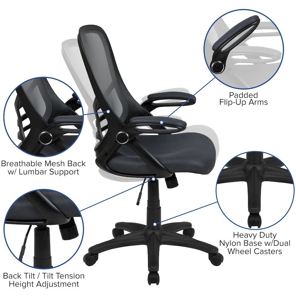 High Back Dark Gray Mesh Swivel Office Chair with Black Frame and Flip-up Arms